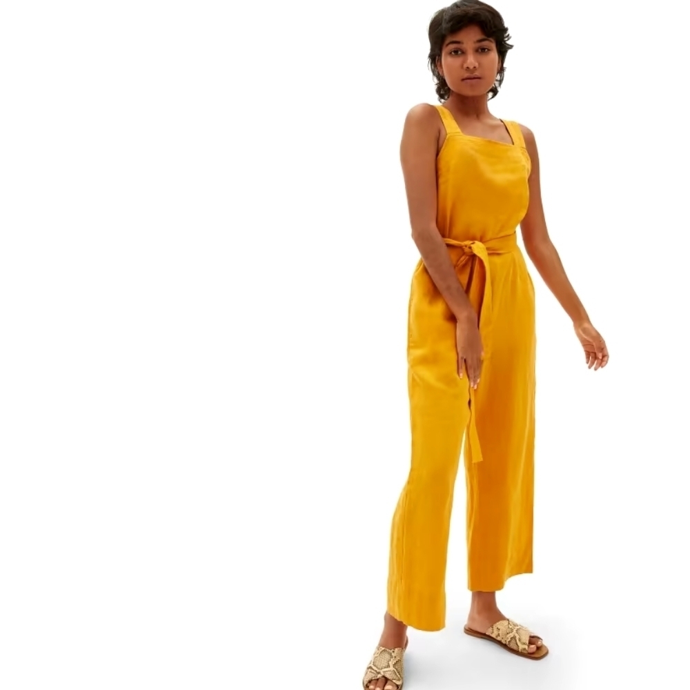 Everlane Jumpsuit 10 Womens The Linen Square Neck Marigold Yellow Tank Tie 1257